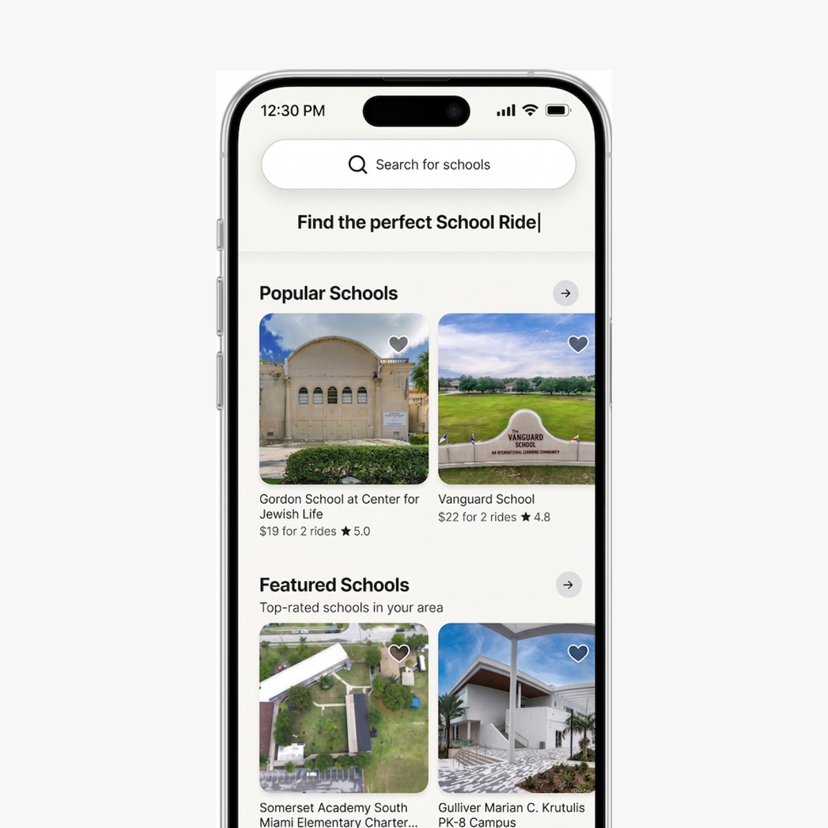 Buggy search page with popular and featured schools